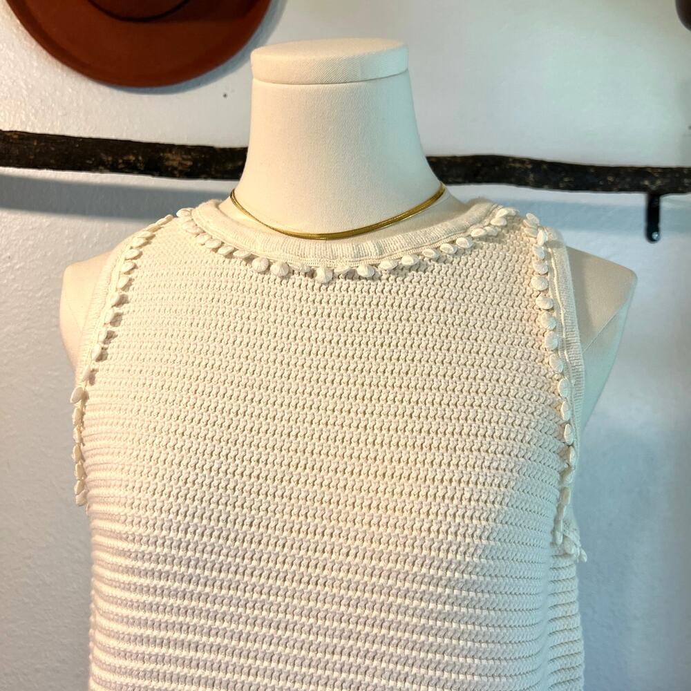 White Cotton Crochet Knit Loose Bubble Trim Sleeveless Tank Vest Size Medium